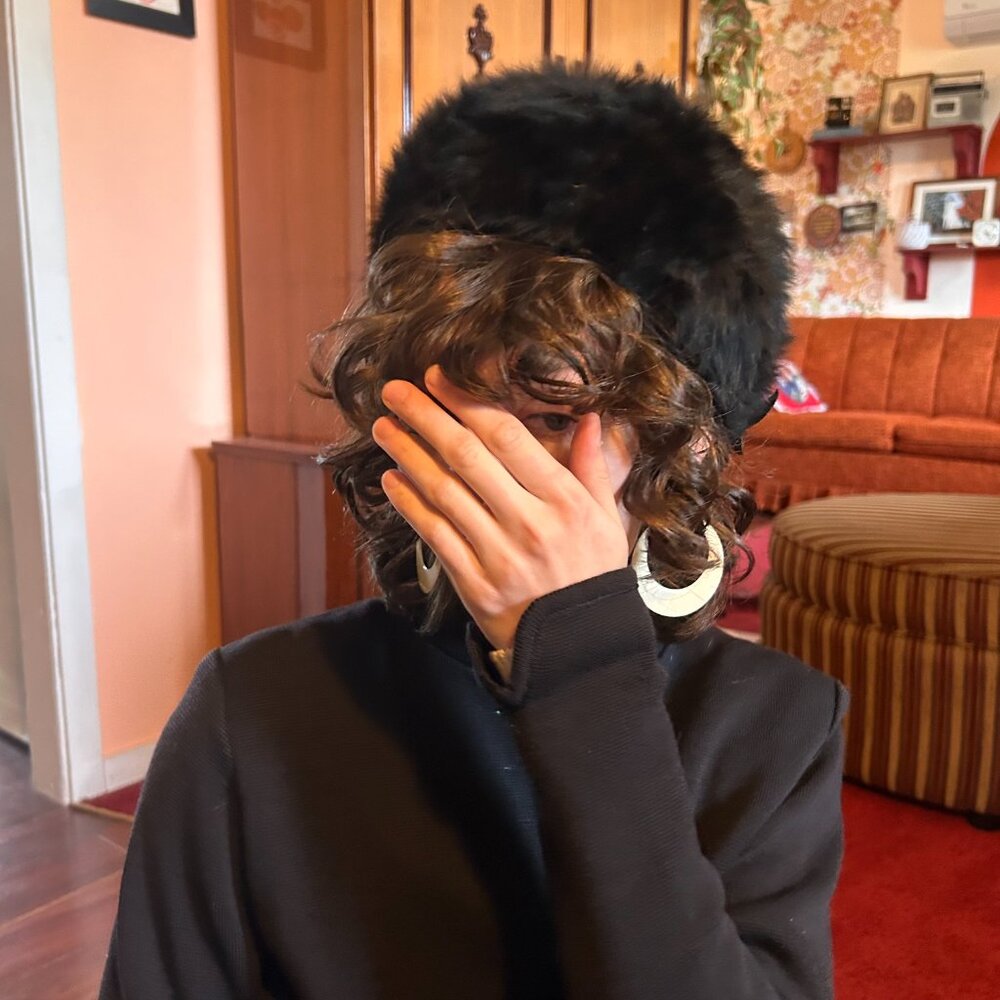 1960s Made in Italy Jackie Kennedy black faux fur pillbox Souffle hat from Bouti